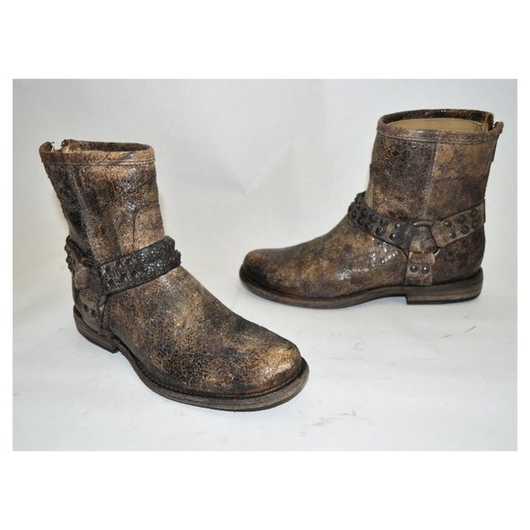 $350 FRYE Phillip Studded Harness Bootie MOTO BIKER DISTRESSED brown 6.5 (K3) - Picture 2 of 8